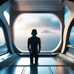 An image of a person inside a futuristic spaceship, looking out at the vast expanse of space through a large window.