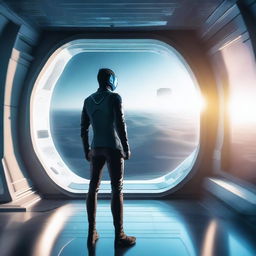 An image of a person inside a futuristic spaceship, looking out at the vast expanse of space through a large window.