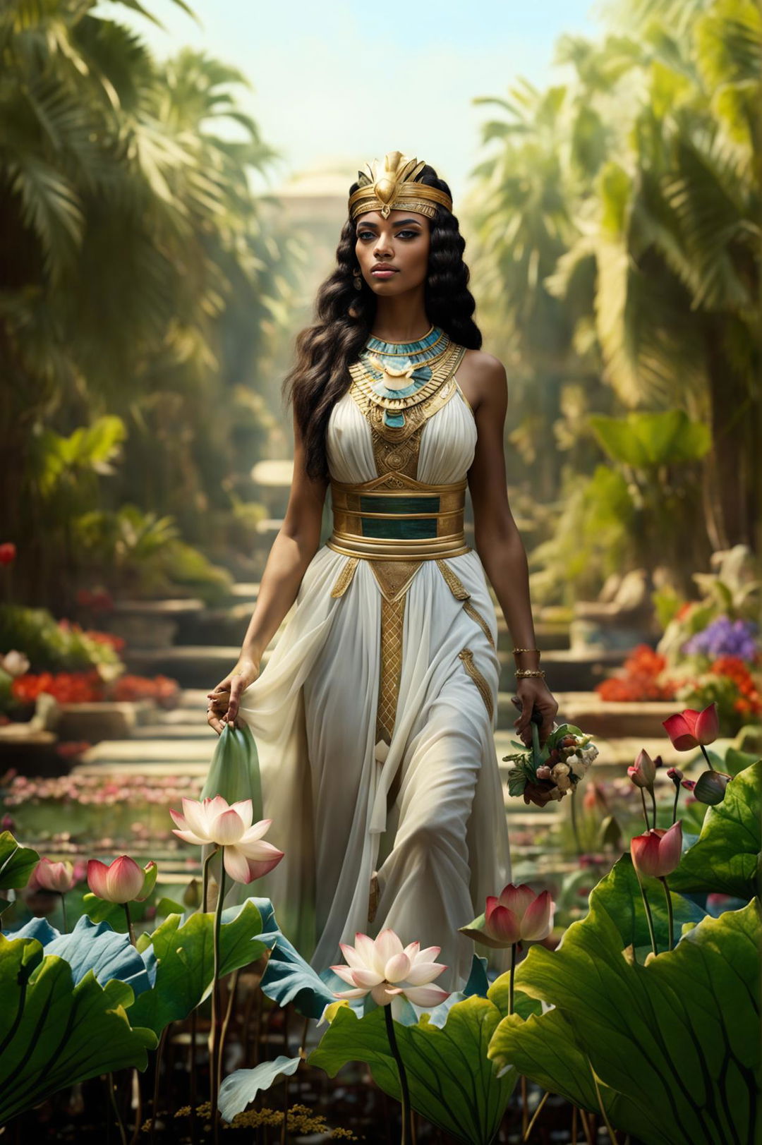 An image of Cleopatra strolling in an Egyptian garden, holding a lotus flower