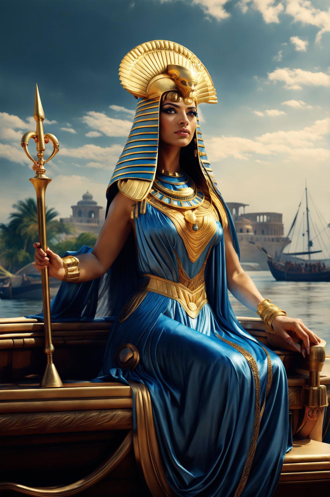 An image of Cleopatra on a royal barge on the Nile River, holding a golden scepter