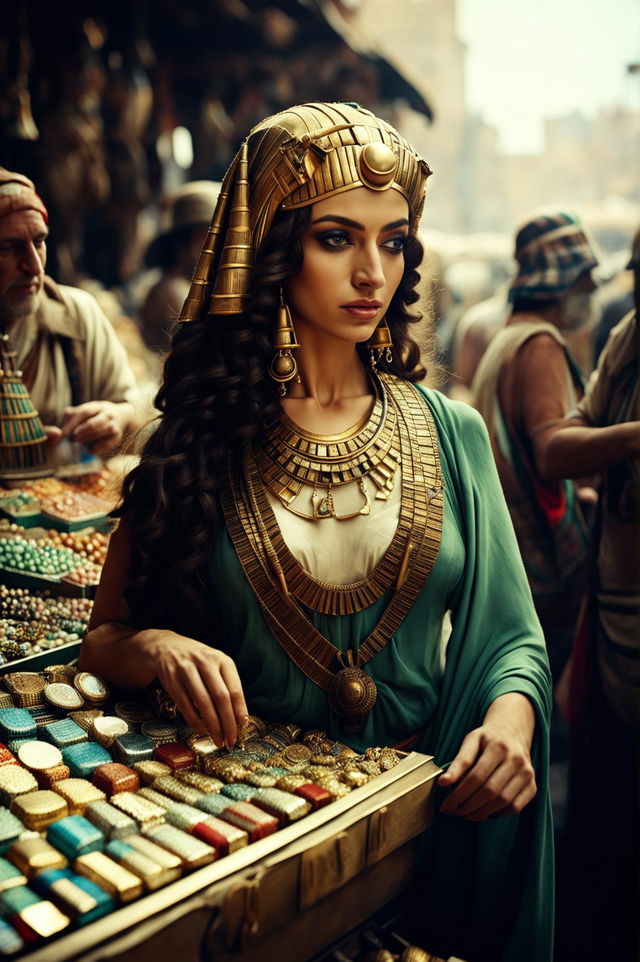 An image of Cleopatra in the marketplace of Alexandria, examining a piece of jewelry