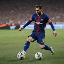 A dynamic, life-like image of Lionel Messi mid-play on the football field, displaying his world-class athleticism and focus, against the backdrop of an electrically-charged stadium full of fans.