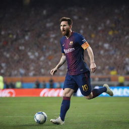 A dynamic, life-like image of Lionel Messi mid-play on the football field, displaying his world-class athleticism and focus, against the backdrop of an electrically-charged stadium full of fans.