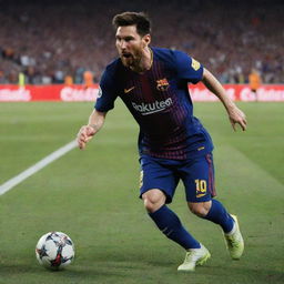 A dynamic, life-like image of Lionel Messi mid-play on the football field, displaying his world-class athleticism and focus, against the backdrop of an electrically-charged stadium full of fans.