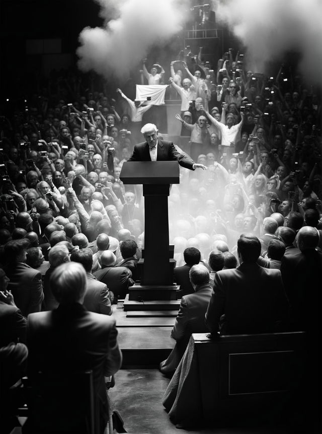 A high-definition, historic photojournalism shot of a presidential speech, with elements of the 'Ghostpunk' aesthetic subtly incorporated