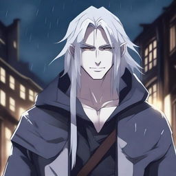 A high quality image in anime style of a male Drow rogue with long white hair