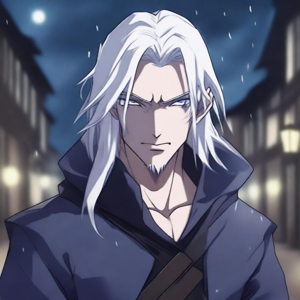 A high quality image in anime style of a male Drow rogue with long white hair