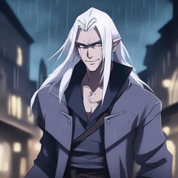 A high quality image in anime style of a male Drow rogue with long white hair