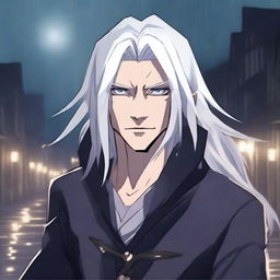 A high quality image in anime style of a male Drow rogue with long white hair