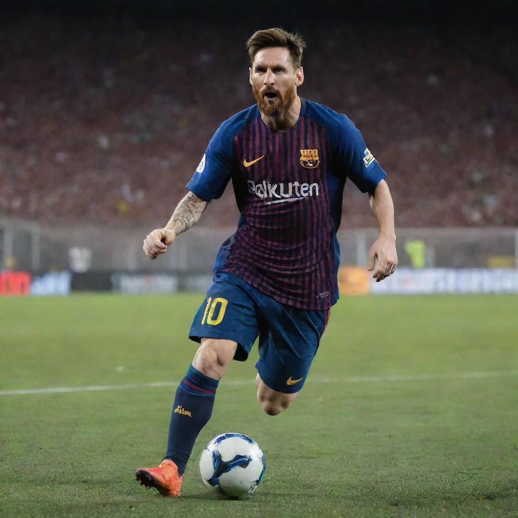 A dynamic, life-like image of Lionel Messi mid-play on the football field, displaying his world-class athleticism and focus, against the backdrop of an electrically-charged stadium full of fans.