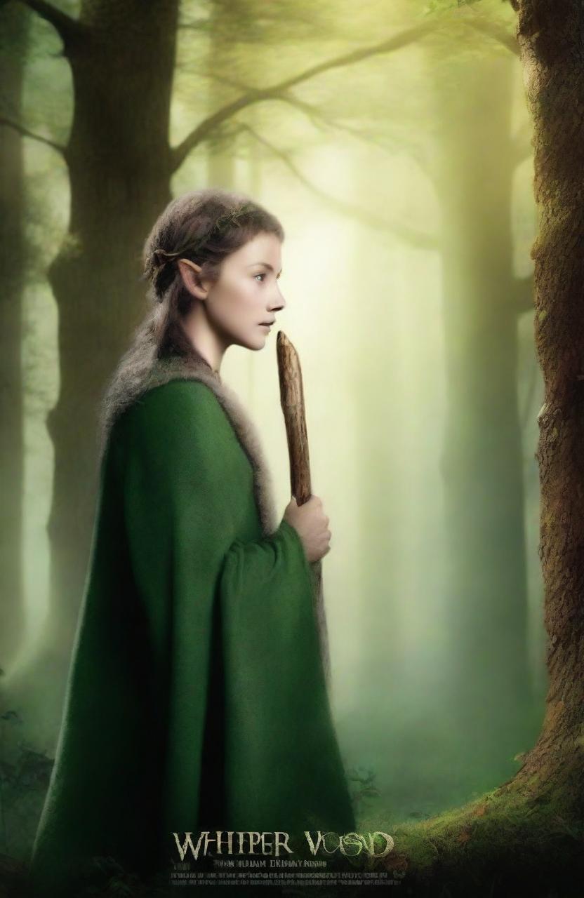 Create a high-definition movie poster for a fantasy movie titled 'Whisper Wood'