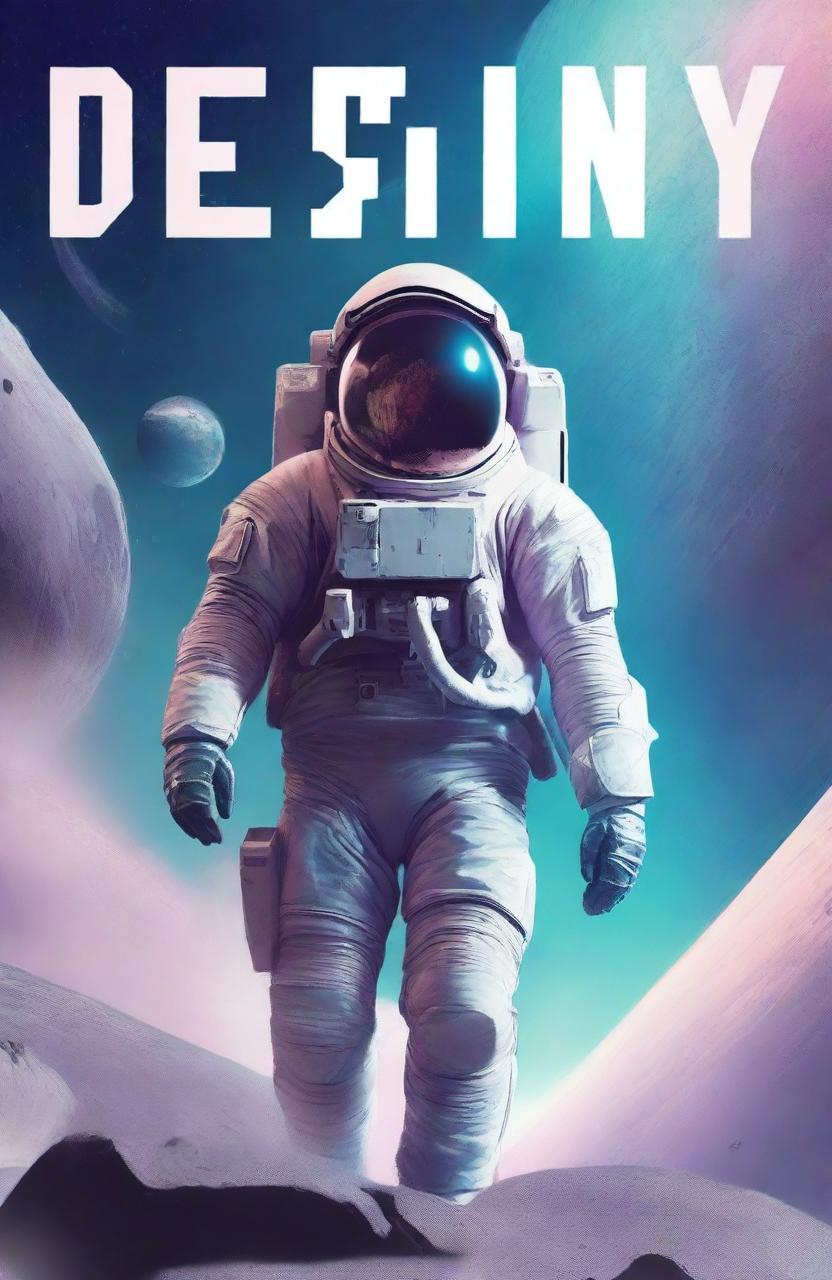 Create an epic pastel colored science fiction book cover titled "Destiny" featuring an astronaut.