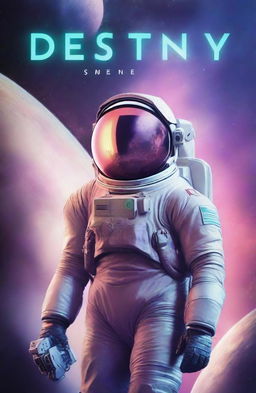 Create an epic pastel colored science fiction book cover titled "Destiny" featuring an astronaut.