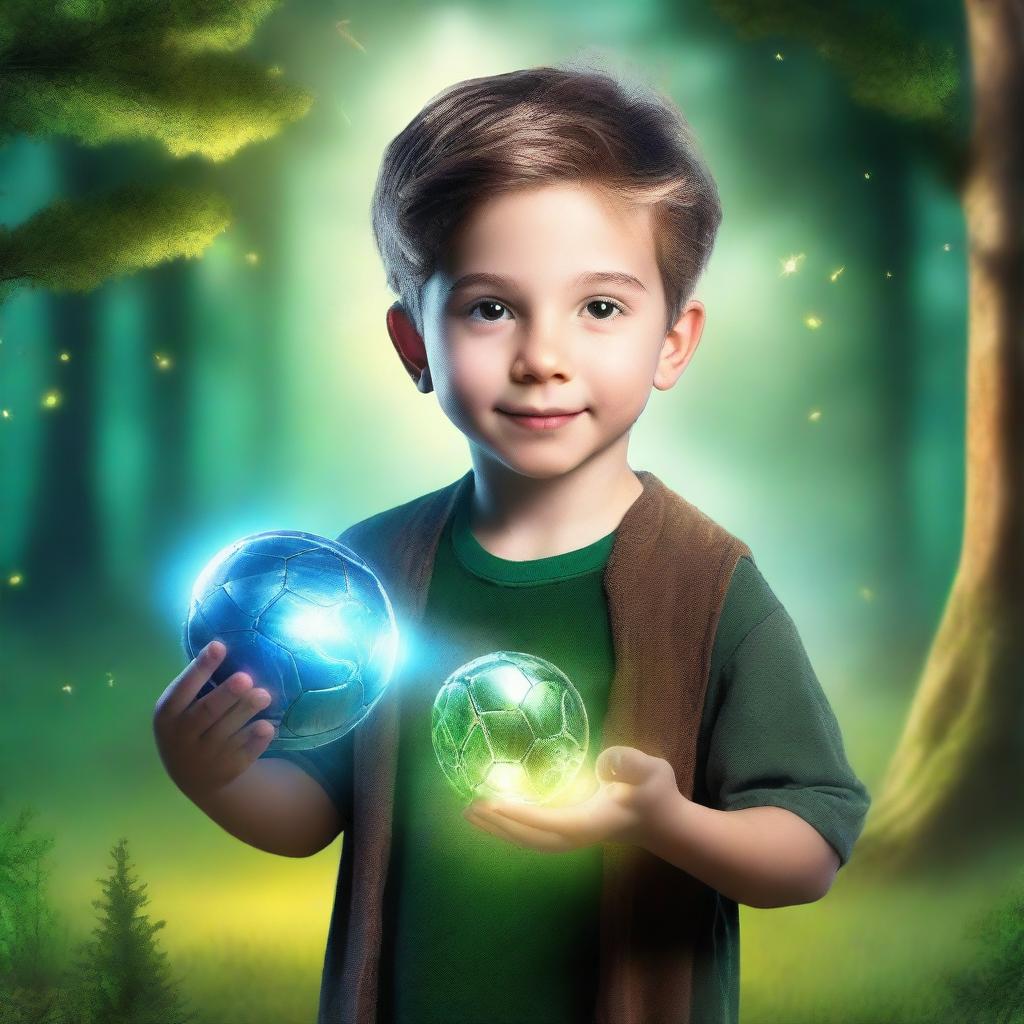 A fantasy book cover featuring a young kid who is passionate about soccer, holding a glowing magic amulet