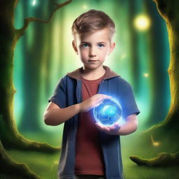 A fantasy book cover featuring a young kid who is passionate about soccer, holding a glowing magic amulet