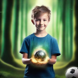 A fantasy book cover featuring a young kid who is passionate about soccer, holding a glowing magic amulet