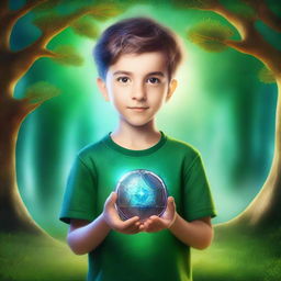 A fantasy book cover featuring a young kid who is passionate about soccer, holding a glowing magic amulet