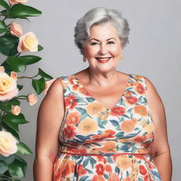 Generate an image of a plump, mature woman wearing a floral sundress