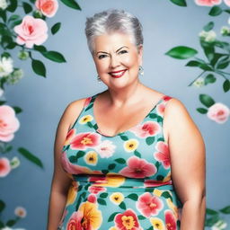 Generate an image of a plump, mature woman wearing a floral sundress