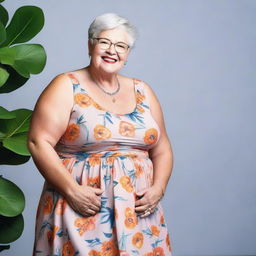 Generate an image of a plump, mature woman wearing a floral sundress