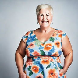 Generate an image of a plump, mature woman wearing a floral sundress