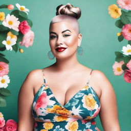 Generate an image of a curvy woman in a floral sundress with a buzzcut