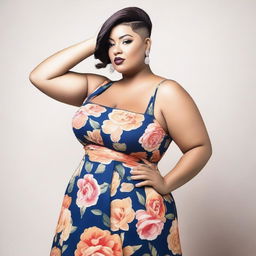 Generate an image of a curvy woman in a floral sundress with a buzzcut