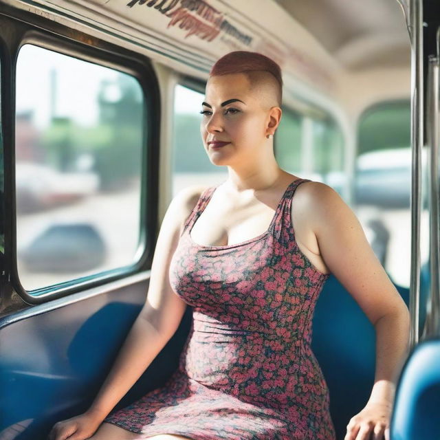 Generate an image of a curvy woman with a buzzcut, wearing a floral sundress, sitting on a bus