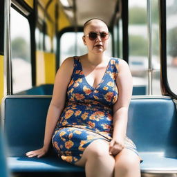 Generate an image of a curvy woman with a buzzcut, wearing a floral sundress, sitting on a bus