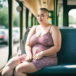 Generate an image of a curvy woman with a buzzcut, wearing a floral sundress, sitting on a bus