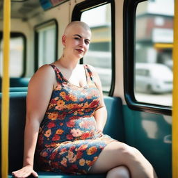 Generate an image of a curvy woman with a buzzcut, wearing a floral sundress, sitting on a bus