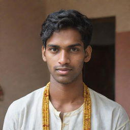 A young man in his early 20s, with features identifying him as Malayali, dressed in traditional South Indian attire appropriate for a temple visit