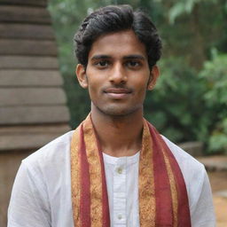 A young man in his early 20s, with features identifying him as Malayali, dressed in traditional South Indian attire appropriate for a temple visit