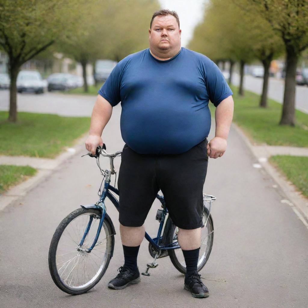 An overweight man with a small bicycle