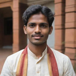 A young man in his early 20s, with features identifying him as Malayali, dressed in traditional South Indian attire appropriate for a temple visit