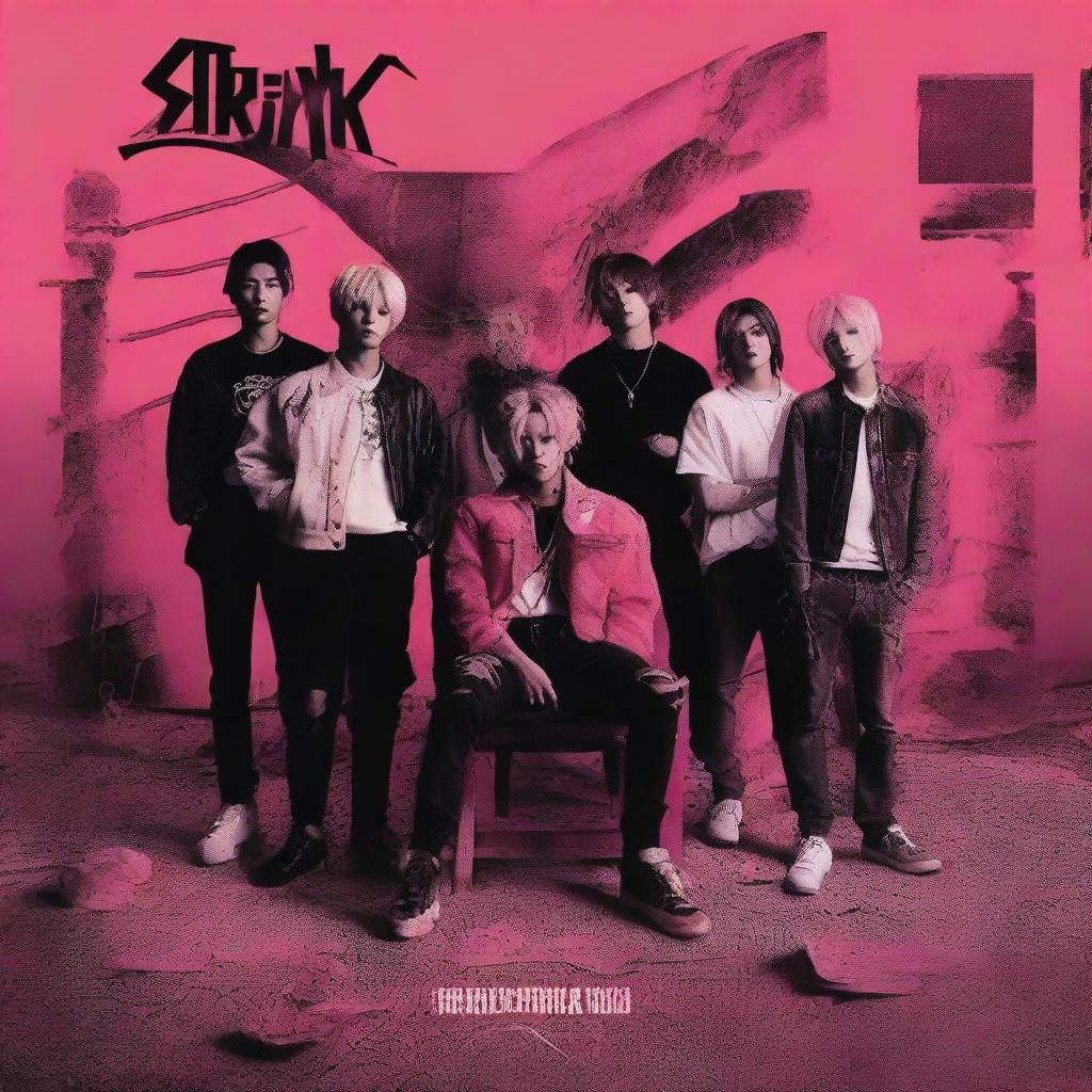 Create an album cover for a new Stray Kids album titled 'Broken World', featuring Pink Viper