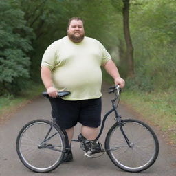 An overweight man with a small bicycle