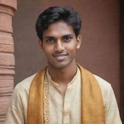 A young man in his early 20s, with features identifying him as Malayali, dressed in traditional South Indian attire appropriate for a temple visit