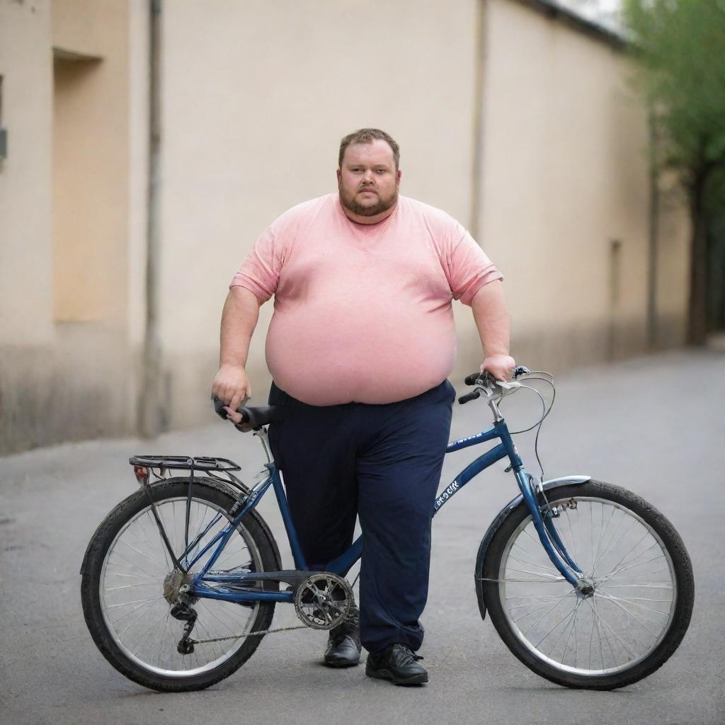 An overweight man with a small bicycle