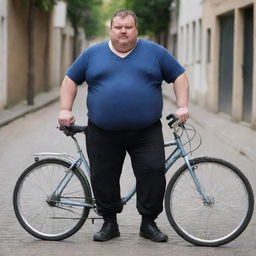 An overweight man with a small bicycle