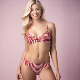 A seductive blonde woman wearing a striped bra on her upper body and a pair of strawberry-patterned panties on her lower body