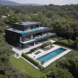 A modern three-story villa painted in shades of black and gray, boasting a vast yard replete with a lush garden and mature trees, alongside a four-season pool majestically placed in the midst of the verdant plain.