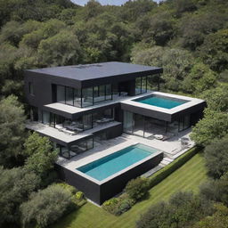 A modern three-story villa painted in shades of black and gray, boasting a vast yard replete with a lush garden and mature trees, alongside a four-season pool majestically placed in the midst of the verdant plain.