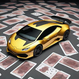 Generate an 8k resolution image of a golden widebody Lamborghini Huracan adorned with a black ace of cards livery.