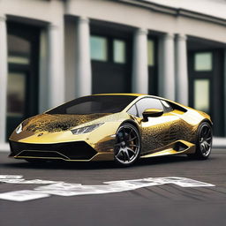 Generate an 8k resolution image of a golden widebody Lamborghini Huracan adorned with a black ace of cards livery.