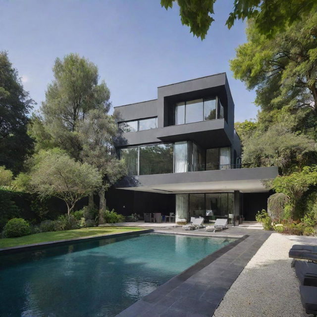 A modern three-story villa painted in shades of black and gray, boasting a vast yard replete with a lush garden and mature trees, alongside a four-season pool majestically placed in the midst of the verdant plain.