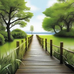 Create an image showing a serene path leading to a large body of water, symbolizing the journey to true freedom