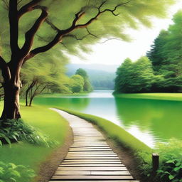 Create an image showing a serene path leading to a large body of water, symbolizing the journey to true freedom