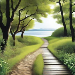Create an image showing a serene path leading to a large body of water, symbolizing the journey to true freedom