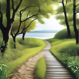 Create an image showing a serene path leading to a large body of water, symbolizing the journey to true freedom